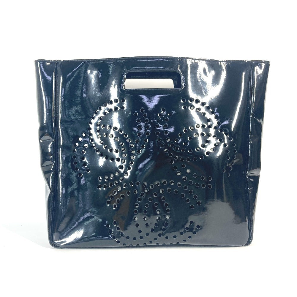CHANEL パンチングロゴ トリプルココ CC ココマーク ビッグ カバン ハンドバッグ エナメル レディース ブラック