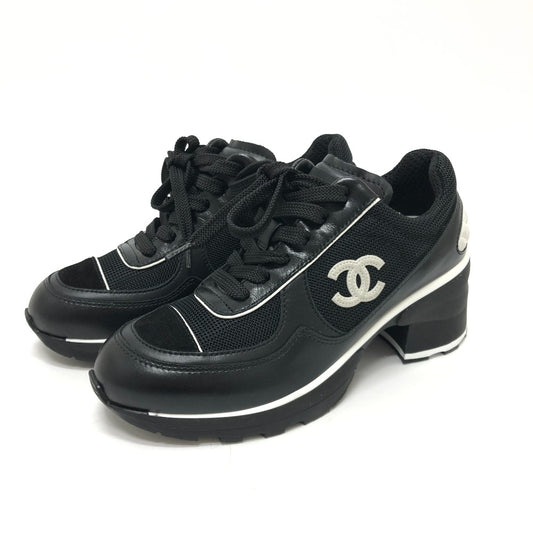 CHANEL G46871 25/26秋冬 ココマーク ミックス ファイバー シャイニーカーフスキン&スエード ヒール スニーカー スエード レディース ブラック