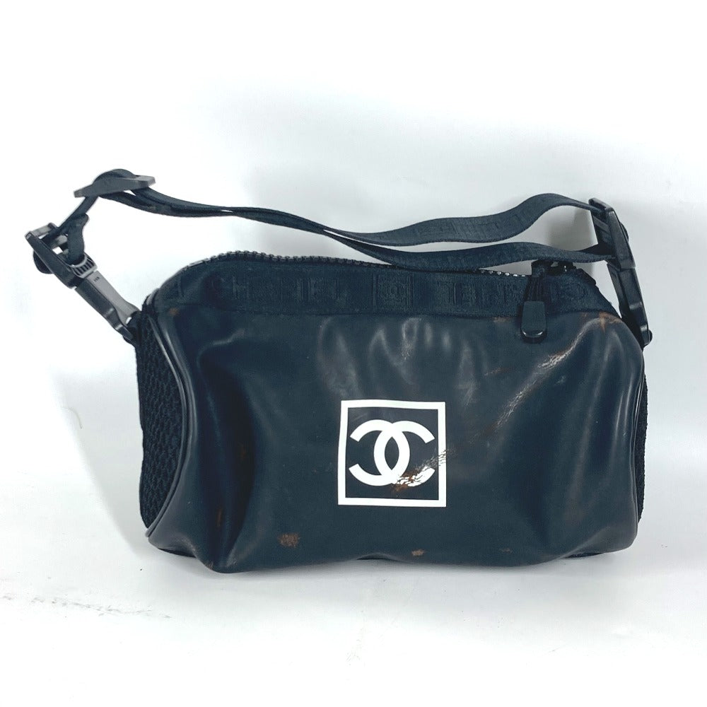 CHANEL スポーツ ロゴ 肩掛 カバン 筒形 ショルダーバッグ ラバー レディース ブラック