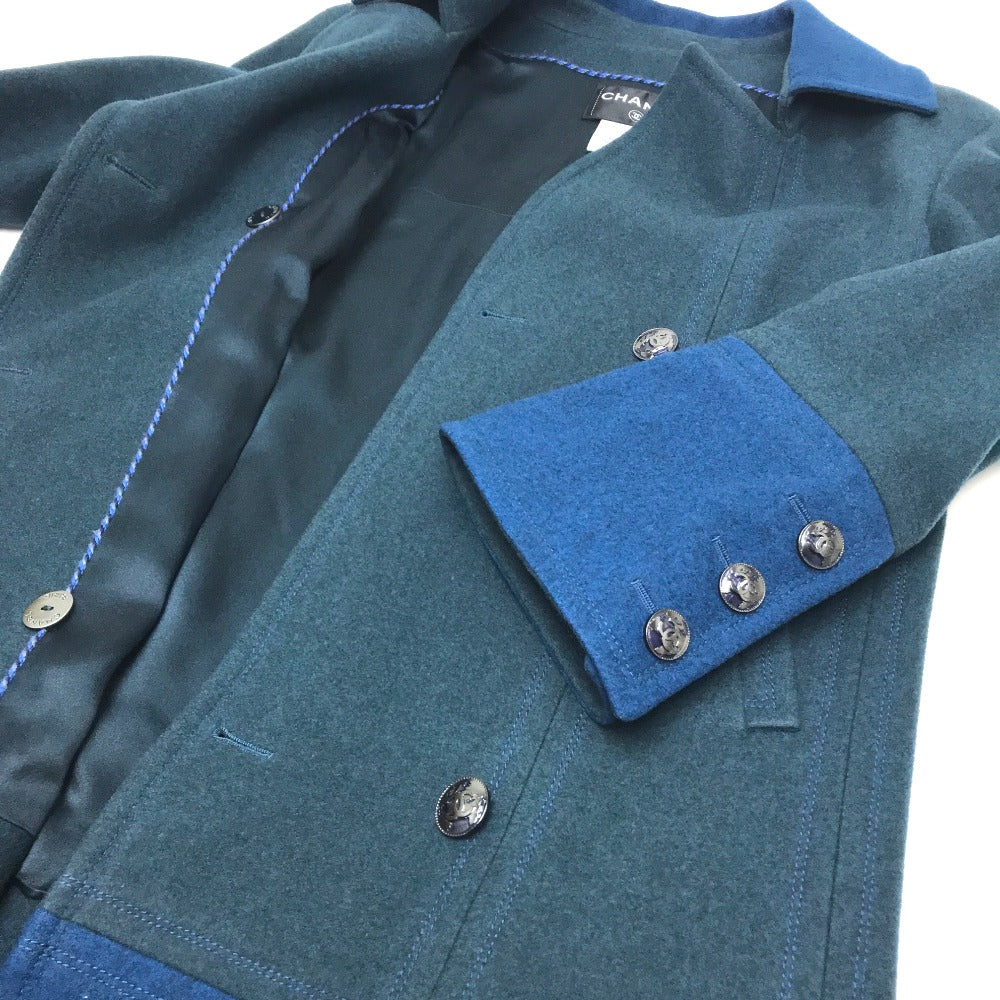 CHANEL 13K Two-Tone Long Coat, Wool, Women's, Green