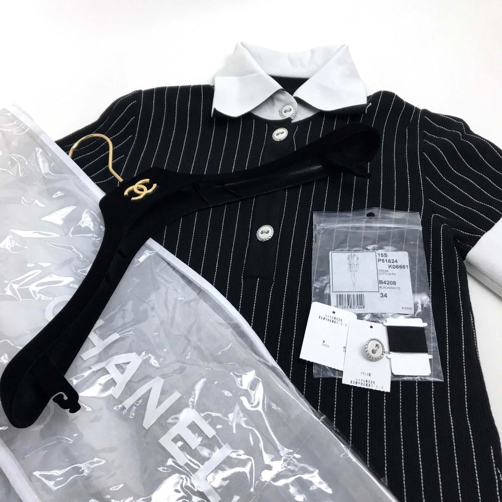 CHANEL P51624 15S ストライプ アパレル 襟付き 半袖ワンピース ひざ丈 ワンピース レディース ブラック×ホワイト