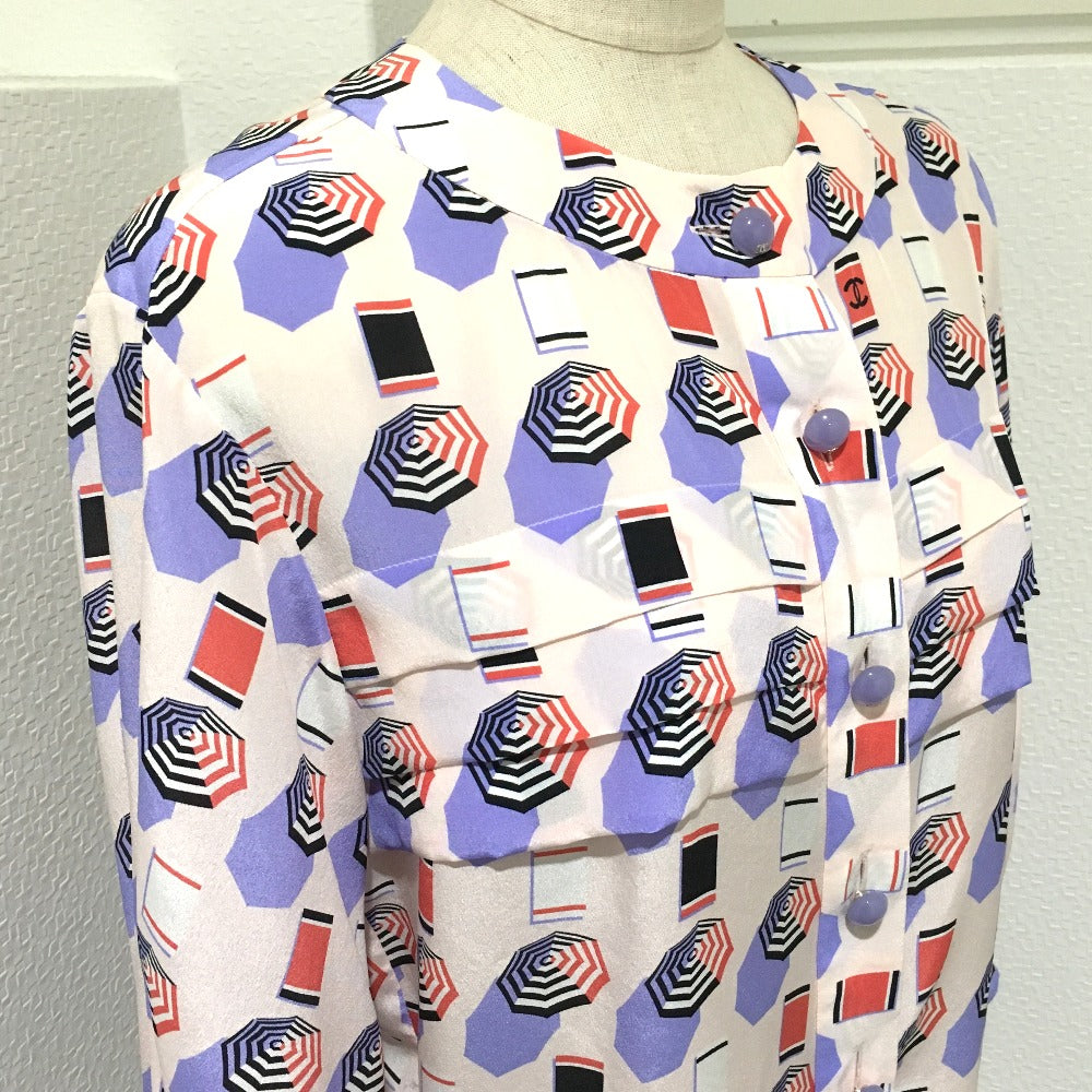 CHANEL P61308 CC Coco Mark 19S Parasol Motif Apparel Tops Blouse Long Sleeve Silk Women's Soft Pink x Multicolor