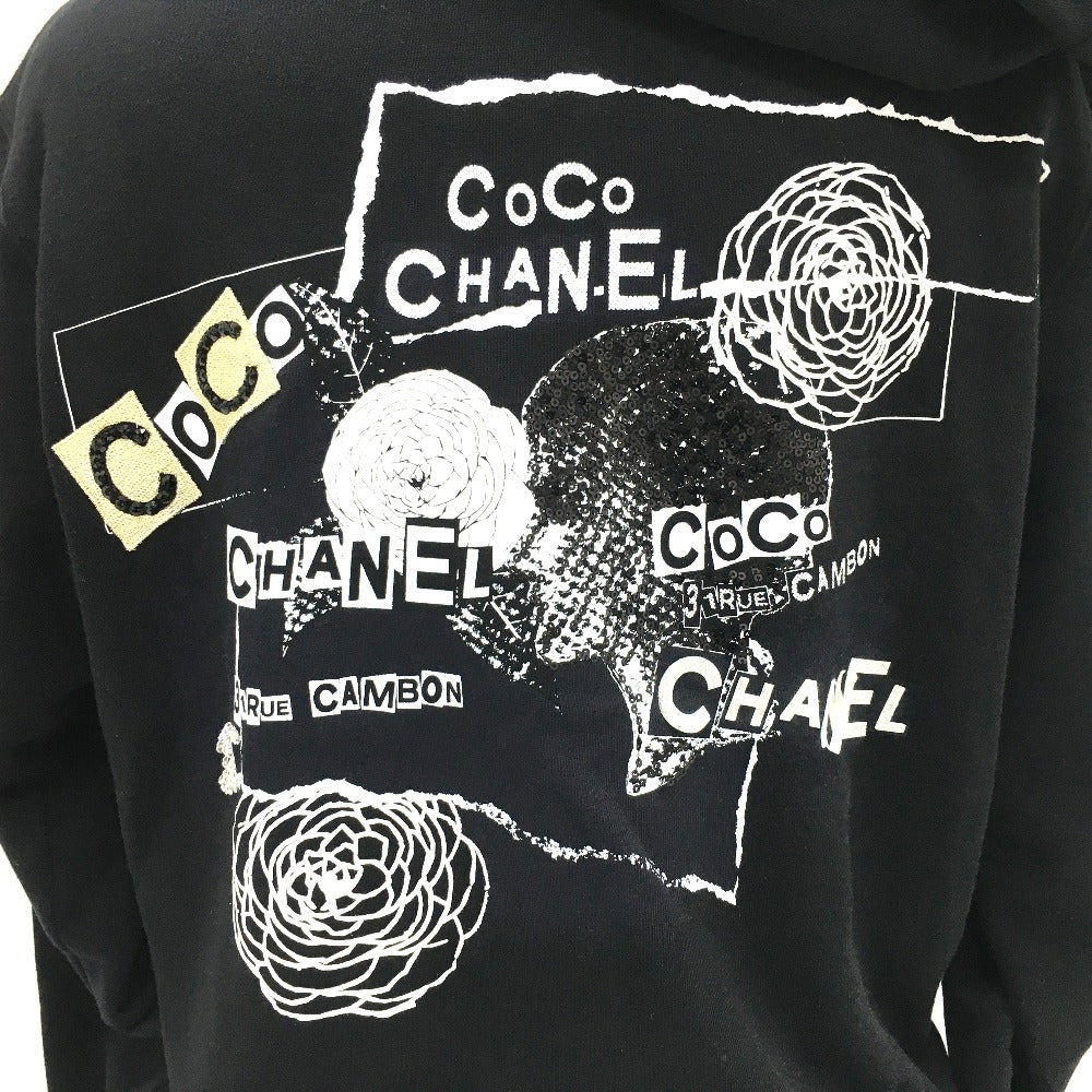 CHANEL P63299 Graffiti CC Logo 20P Sweatshirt, Long Sleeve Zip-Up Hoodie, Cotton, Women's, Black
