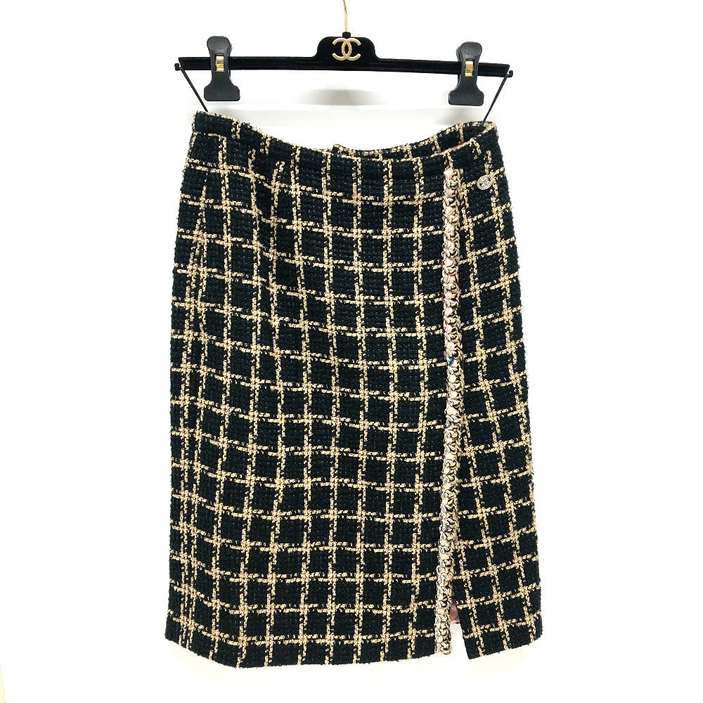 CHANEL P70539 Check Tweed Chain Skirt, 21SS, Silk, Women's, Black/Beige