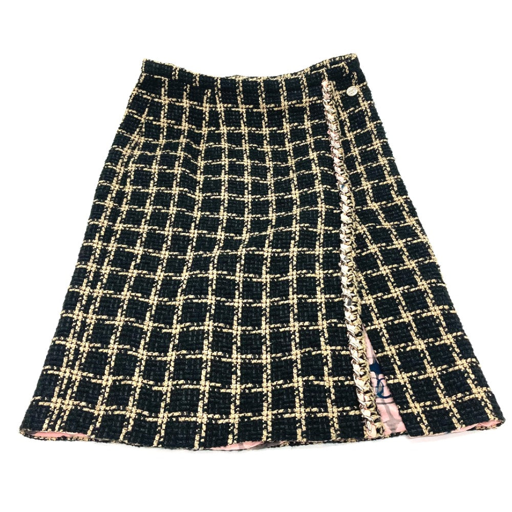CHANEL P70539 Check Tweed Chain Skirt, 21SS, Silk, Women's, Black/Beige