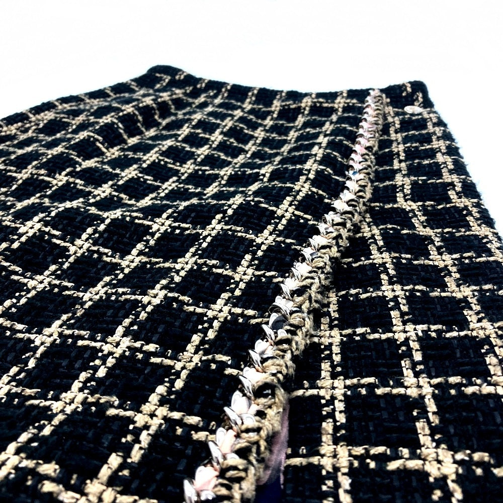 CHANEL P70539 Check Tweed Chain Skirt, 21SS, Silk, Women's, Black/Beige