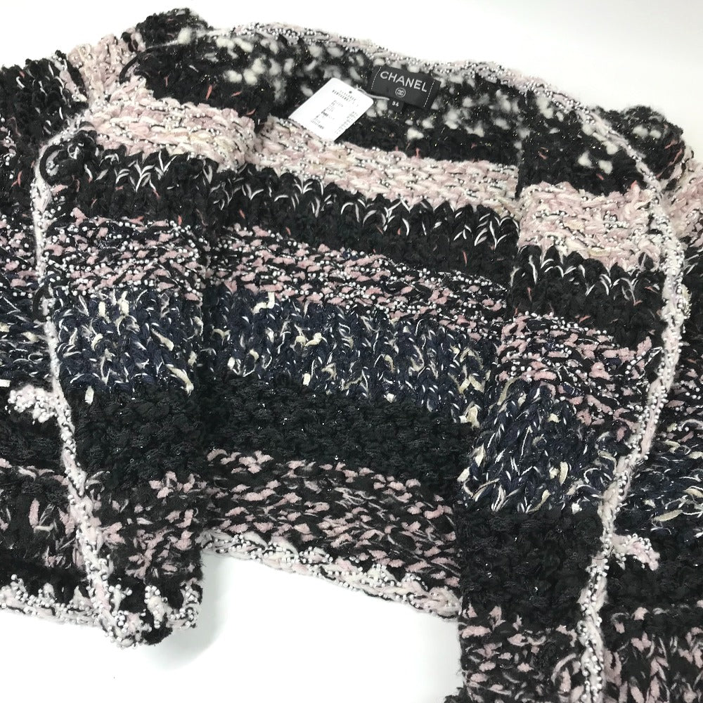 CHANEL P73552 CC Coco Mark Tweed Pearl Long Sleeve Jacket, Size 22B, Wool, Women's, Black/White/Light Pink