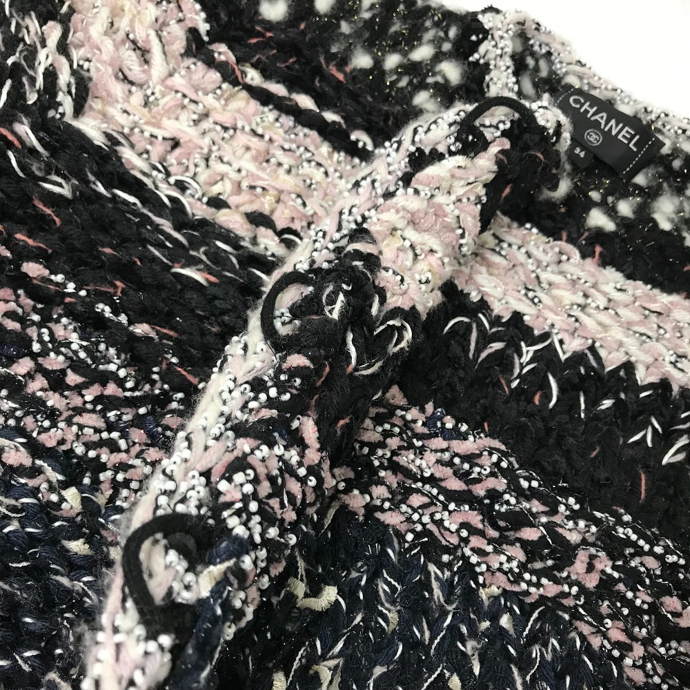 CHANEL P73552 CC Coco Mark Tweed Pearl Long Sleeve Jacket, Size 22B, Wool, Women's, Black/White/Light Pink