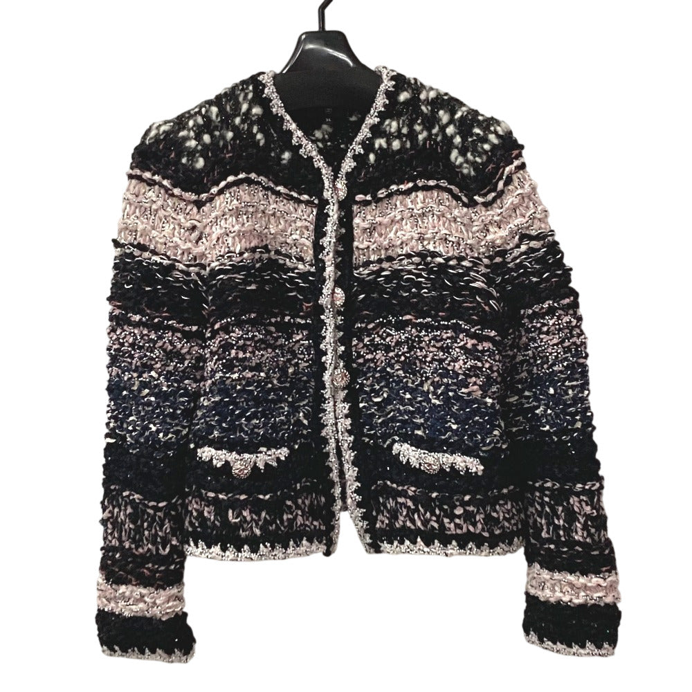 CHANEL P73552 CC Coco Mark Tweed Pearl Long Sleeve Jacket, Size 22B, Wool, Women's, Black/White/Light Pink