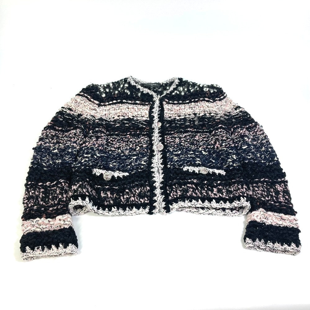 CHANEL P73552 CC Coco Mark Tweed Pearl Long Sleeve Jacket, Size 22B, Wool, Women's, Black/White/Light Pink