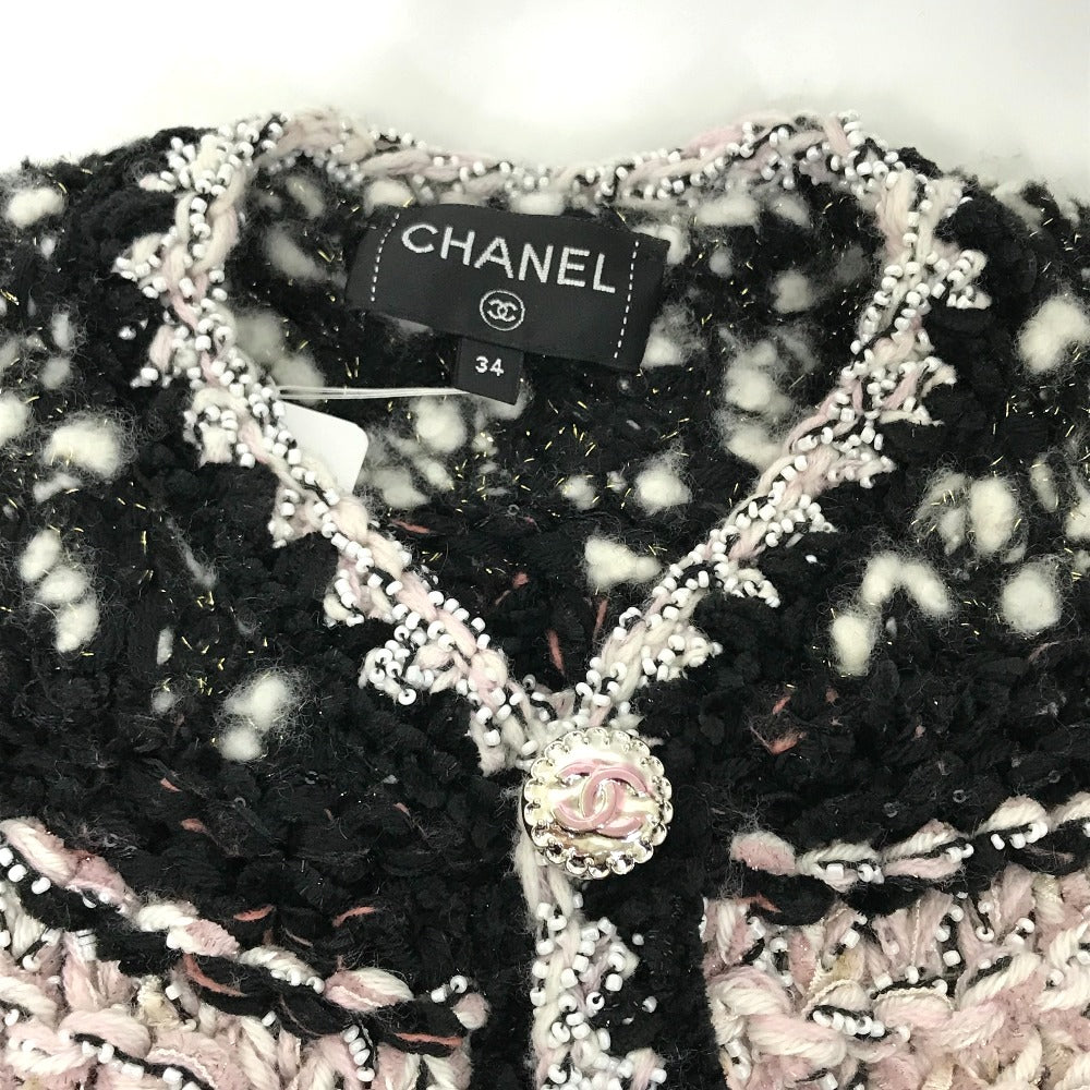 CHANEL P73552 CC Coco Mark Tweed Pearl Long Sleeve Jacket, Size 22B, Wool, Women's, Black/White/Light Pink