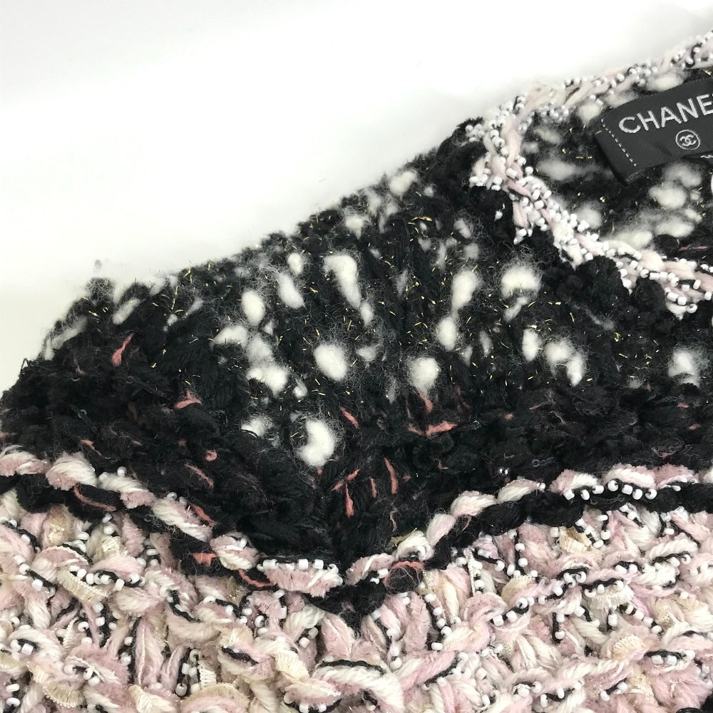 CHANEL P73552 CC Coco Mark Tweed Pearl Long Sleeve Jacket, Size 22B, Wool, Women's, Black/White/Light Pink