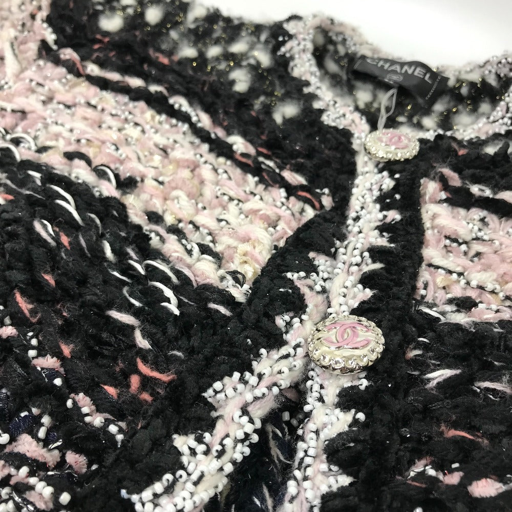 CHANEL P73552 CC Coco Mark Tweed Pearl Long Sleeve Jacket, Size 22B, Wool, Women's, Black/White/Light Pink