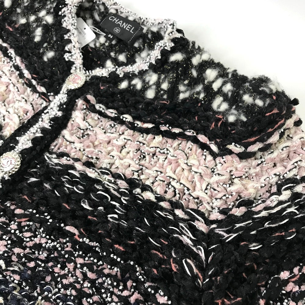 CHANEL P73552 CC Coco Mark Tweed Pearl Long Sleeve Jacket, Size 22B, Wool, Women's, Black/White/Light Pink