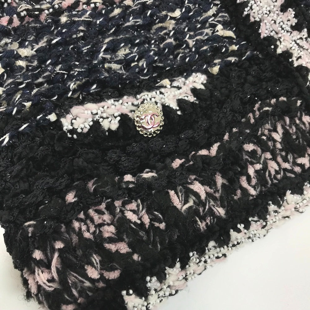 CHANEL P73552 CC Coco Mark Tweed Pearl Long Sleeve Jacket, Size 22B, Wool, Women's, Black/White/Light Pink