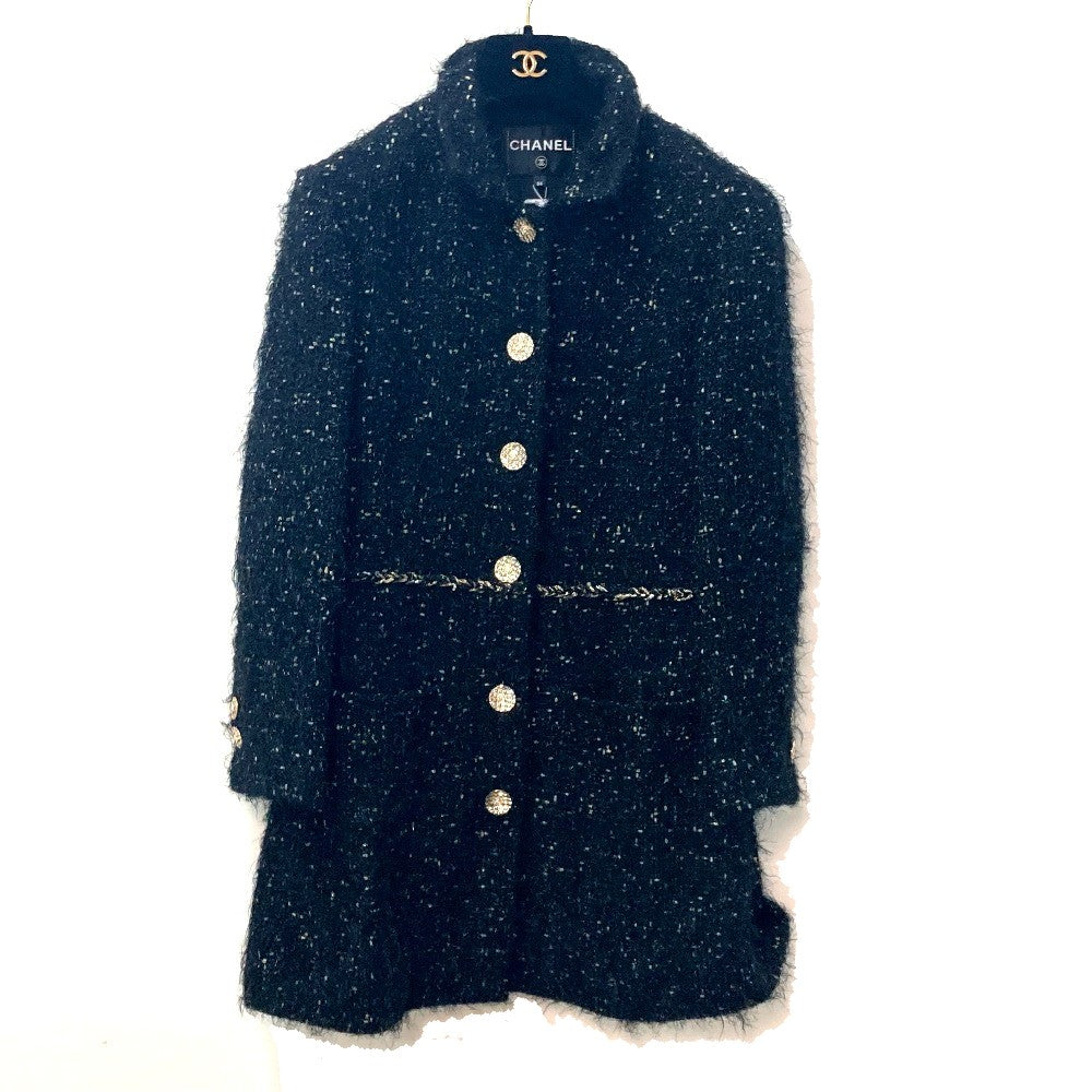 CHANEL P73115 Lamé Tweed Matelasse Coco Mark Button 22A Long Sleeve Nylon Coat, Women's, Black