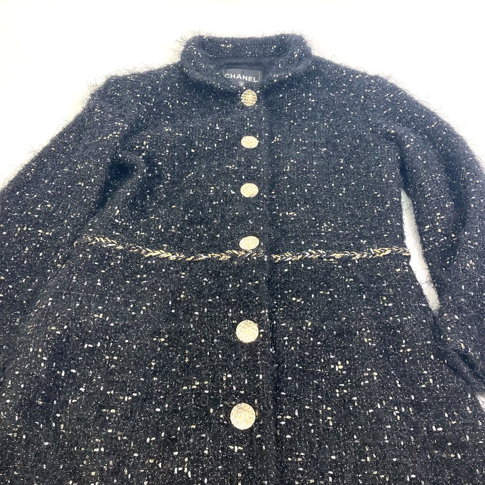 CHANEL P73115 Lamé Tweed Matelasse Coco Mark Button 22A Long Sleeve Nylon Coat, Women's, Black