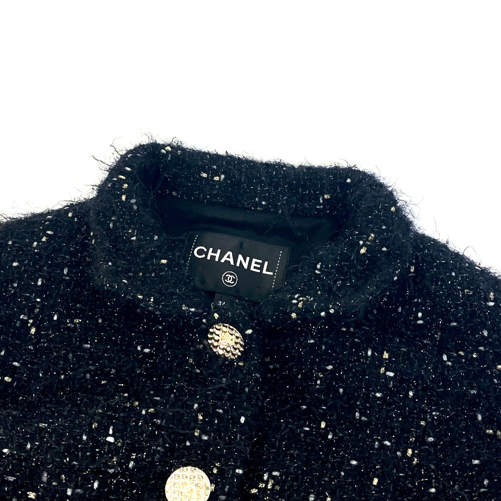 CHANEL P73115 Lamé Tweed Matelasse Coco Mark Button 22A Long Sleeve Nylon Coat, Women's, Black