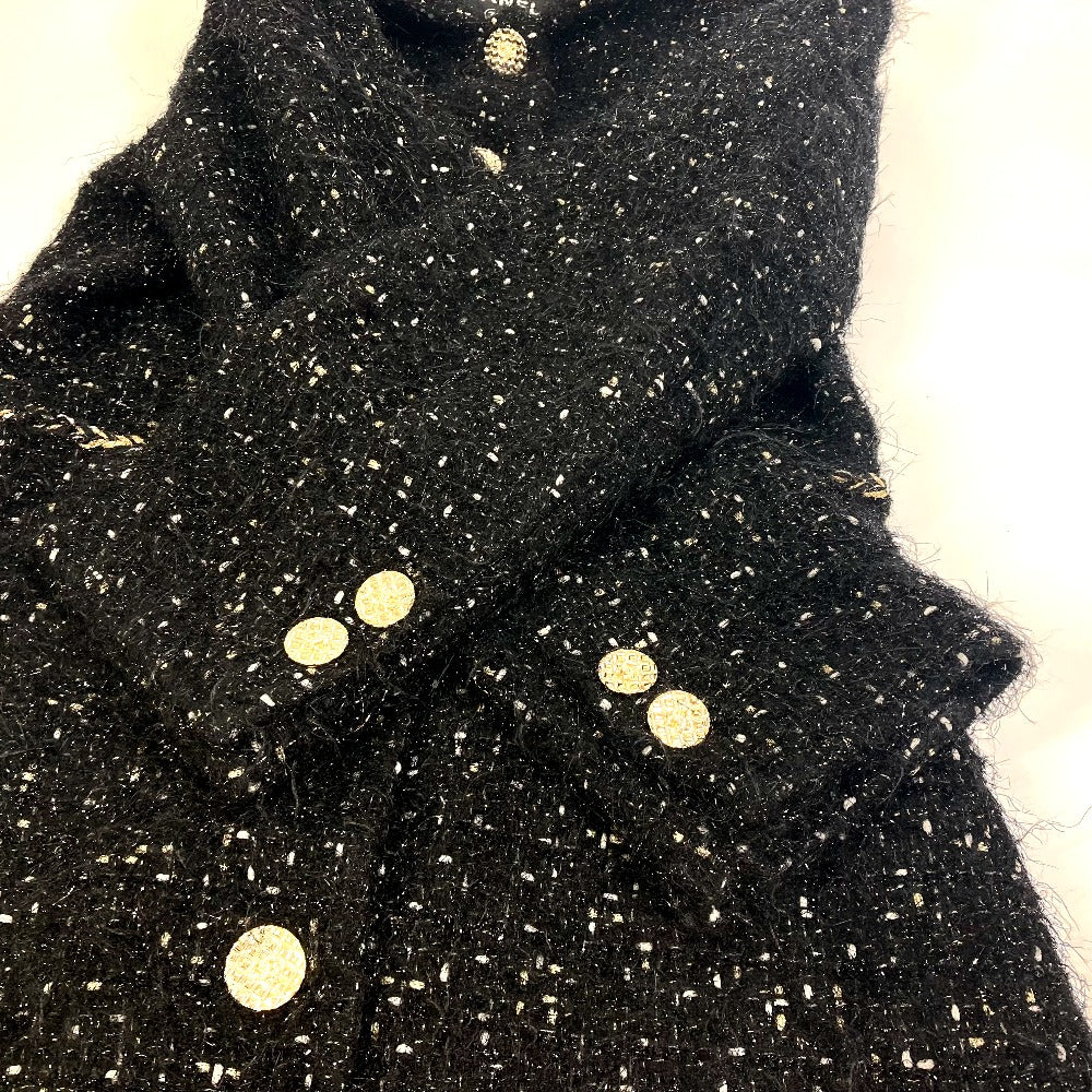 CHANEL P73115 Lamé Tweed Matelasse Coco Mark Button 22A Long Sleeve Nylon Coat, Women's, Black