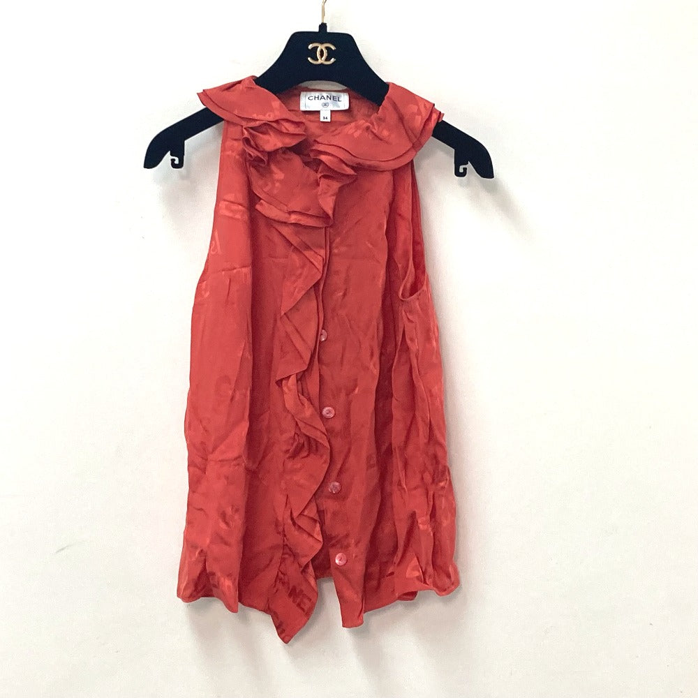 CHANEL P72306 Logo Print Ruffle Sleeveless Apparel 22P Silk Top Women's Red