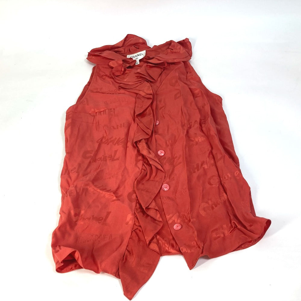 CHANEL P72306 Logo Print Ruffle Sleeveless Apparel 22P Silk Top Women's Red