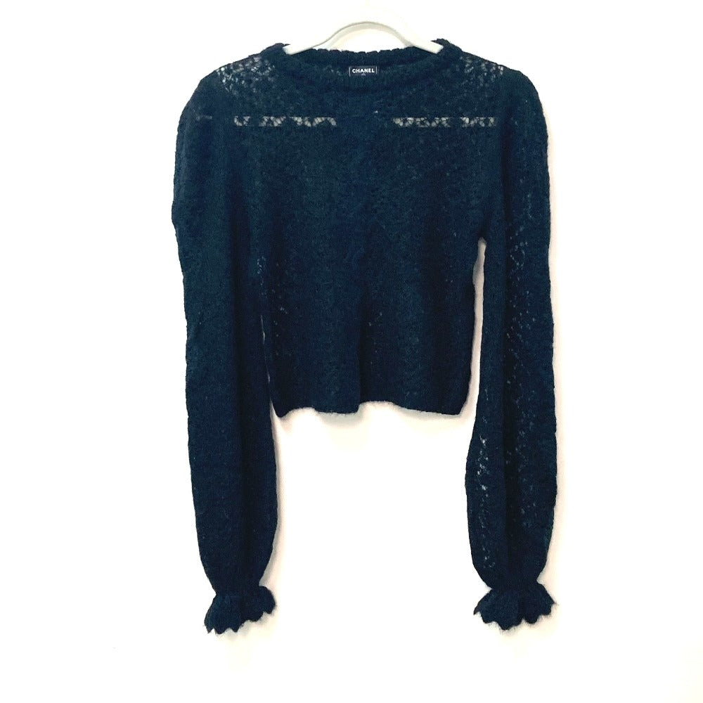 CHANEL P75692 CC Coco Mark Lace Rhinestone Sweater Long Sleeve Knit Alpaca Top Women's Black