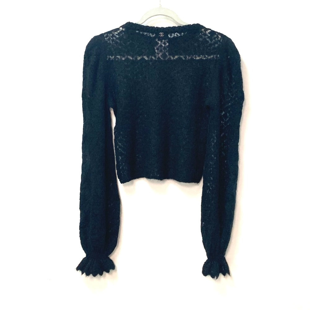 CHANEL P75692 CC Coco Mark Lace Rhinestone Sweater Long Sleeve Knit Alpaca Top Women's Black