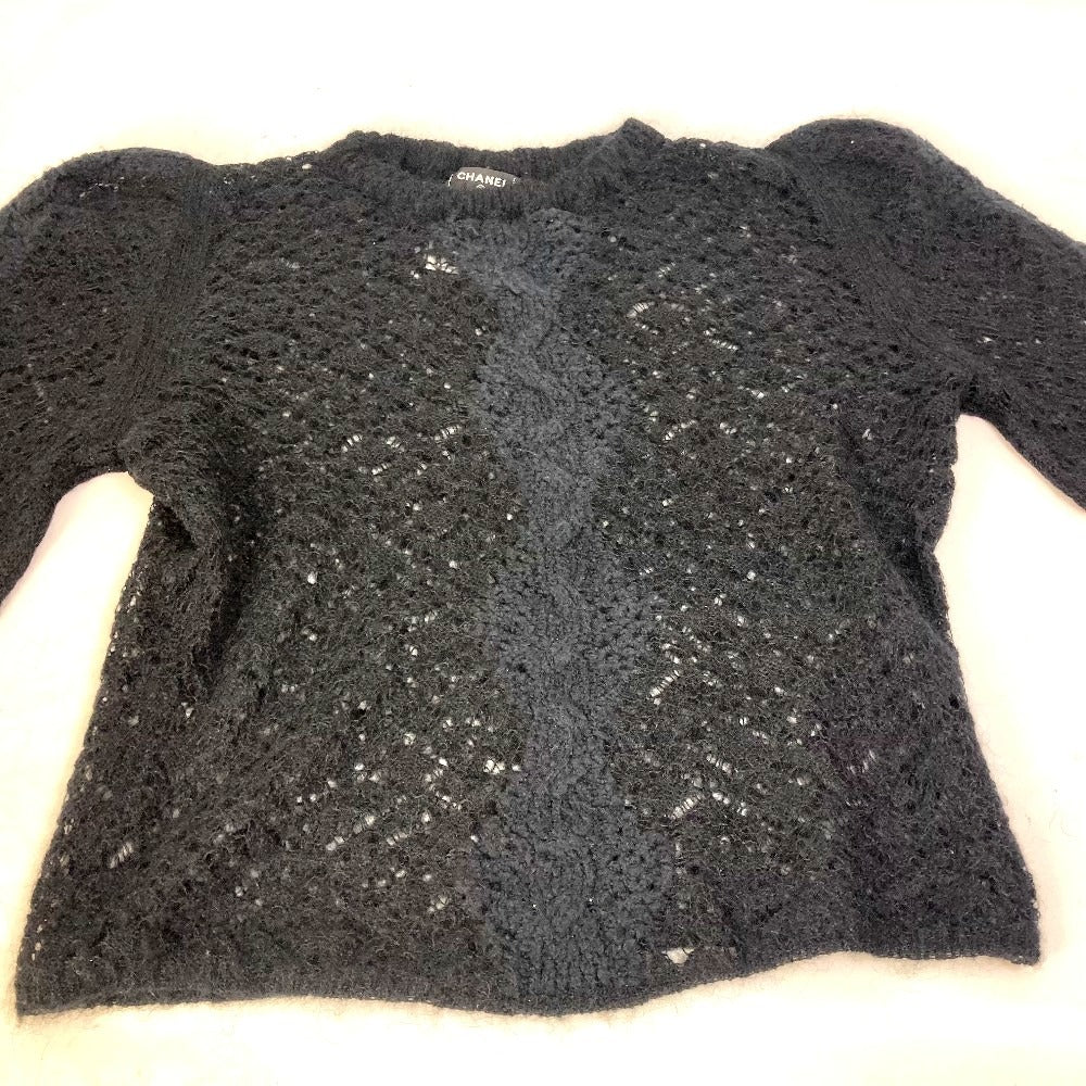 CHANEL P75692 CC Coco Mark Lace Rhinestone Sweater Long Sleeve Knit Alpaca Top Women's Black