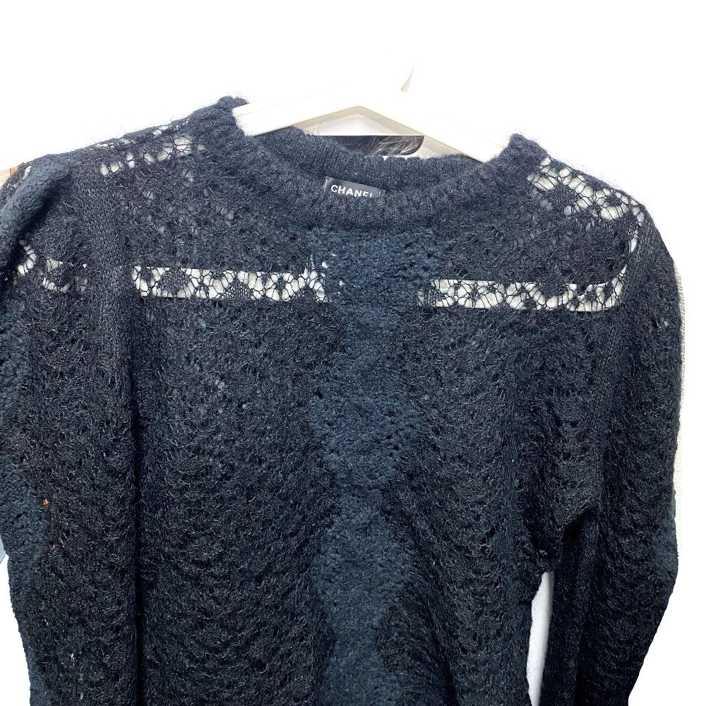 CHANEL P75692 CC Coco Mark Lace Rhinestone Sweater Long Sleeve Knit Alpaca Top Women's Black