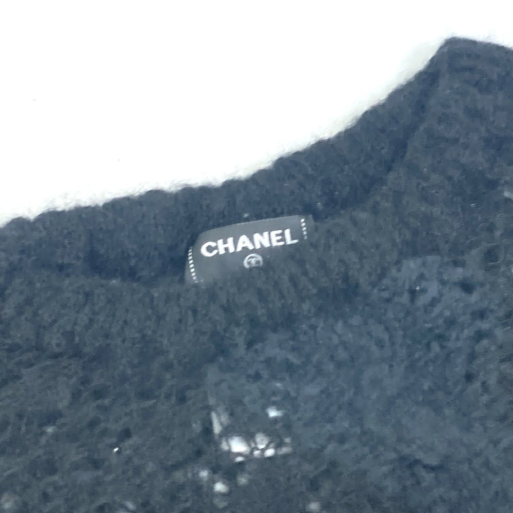 CHANEL P75692 CC Coco Mark Lace Rhinestone Sweater Long Sleeve Knit Alpaca Top Women's Black