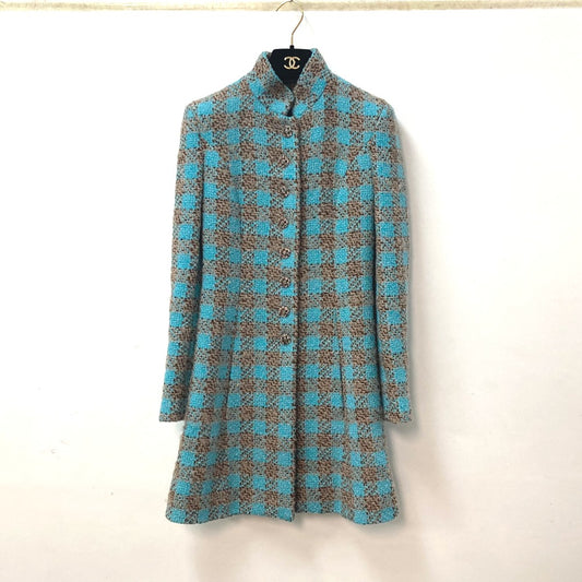 CHANEL P73646 ココマーク CC ビジュー ラインストーン ボタン ミックスツイード 22K アパレル 22K ロングコート ウール レディース ブルー系