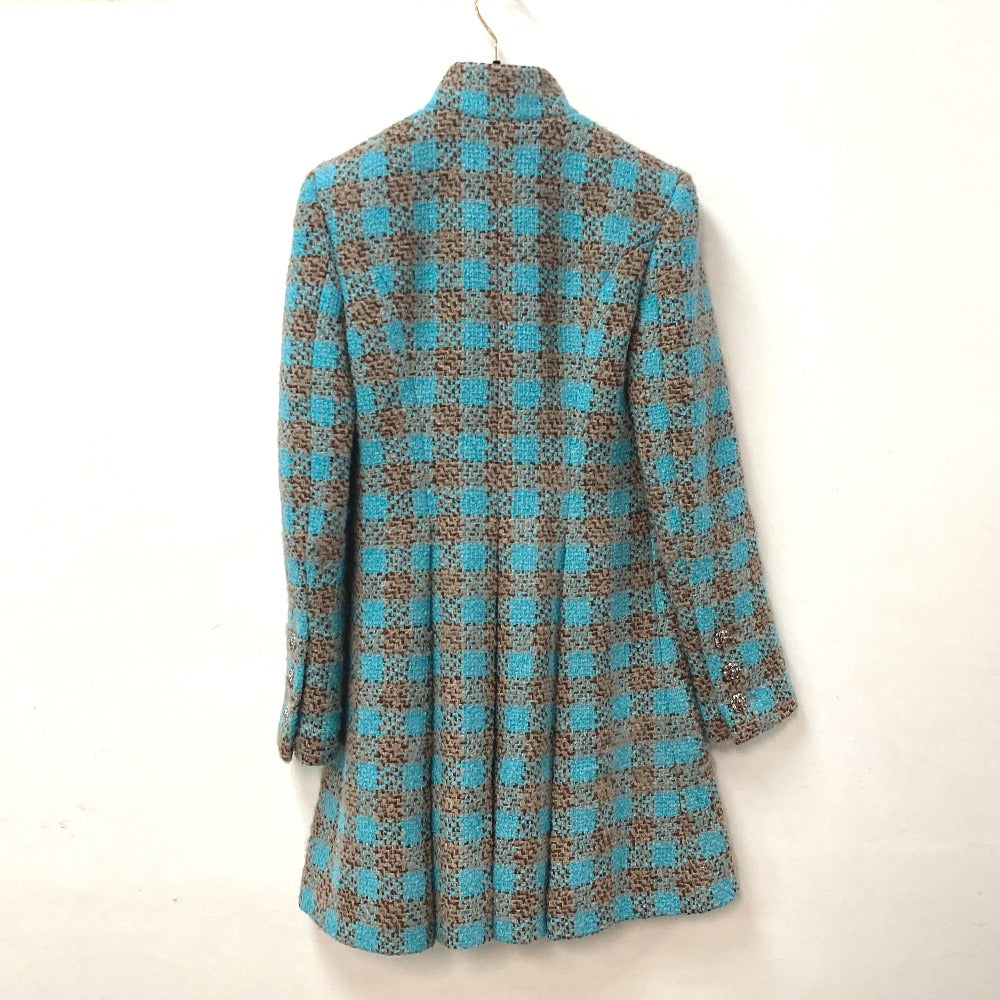 CHANEL P73646 Coco Mark CC Beaded Rhinestone Button Mixed Tweed 22K Wool Long Coat Women's Blue