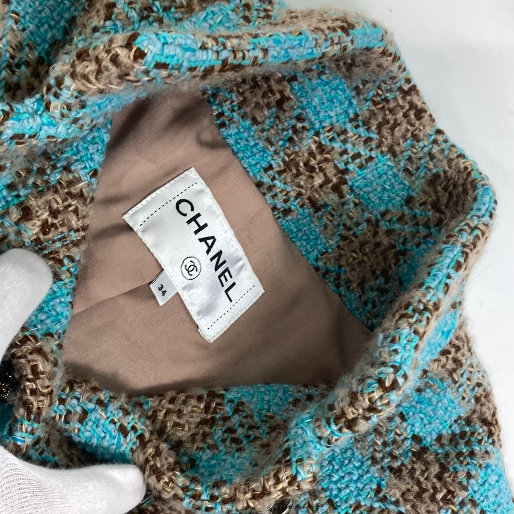 CHANEL P73646 Coco Mark CC Beaded Rhinestone Button Mixed Tweed 22K Wool Long Coat Women's Blue