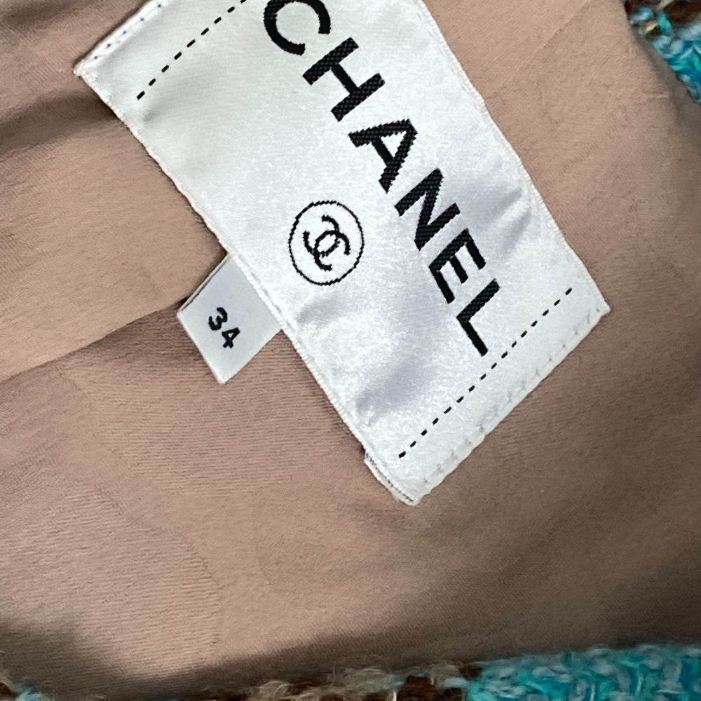 CHANEL P73646 Coco Mark CC Beaded Rhinestone Button Mixed Tweed 22K Wool Long Coat Women's Blue