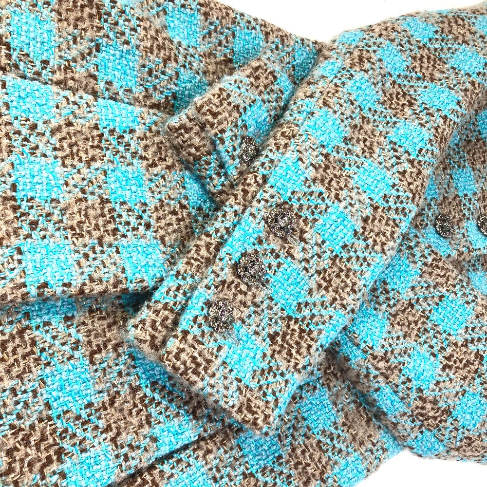 CHANEL P73646 Coco Mark CC Beaded Rhinestone Button Mixed Tweed 22K Wool Long Coat Women's Blue