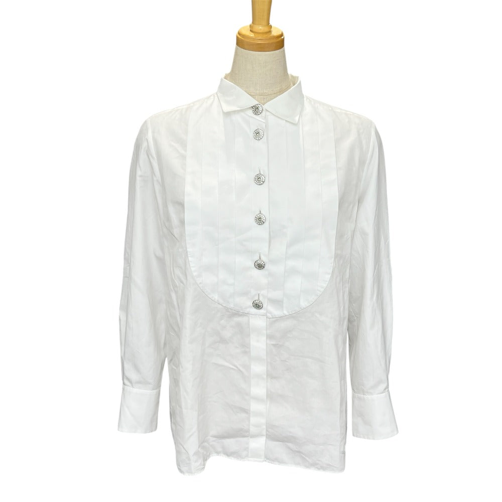 CHANEL P59362 18A Rhinestone Button Ruffle Apparel Blouse, Long Sleeve, Cotton, Women's, White