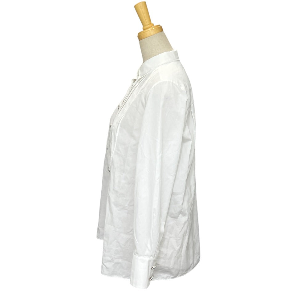 CHANEL P59362 18A Rhinestone Button Ruffle Apparel Blouse, Long Sleeve, Cotton, Women's, White