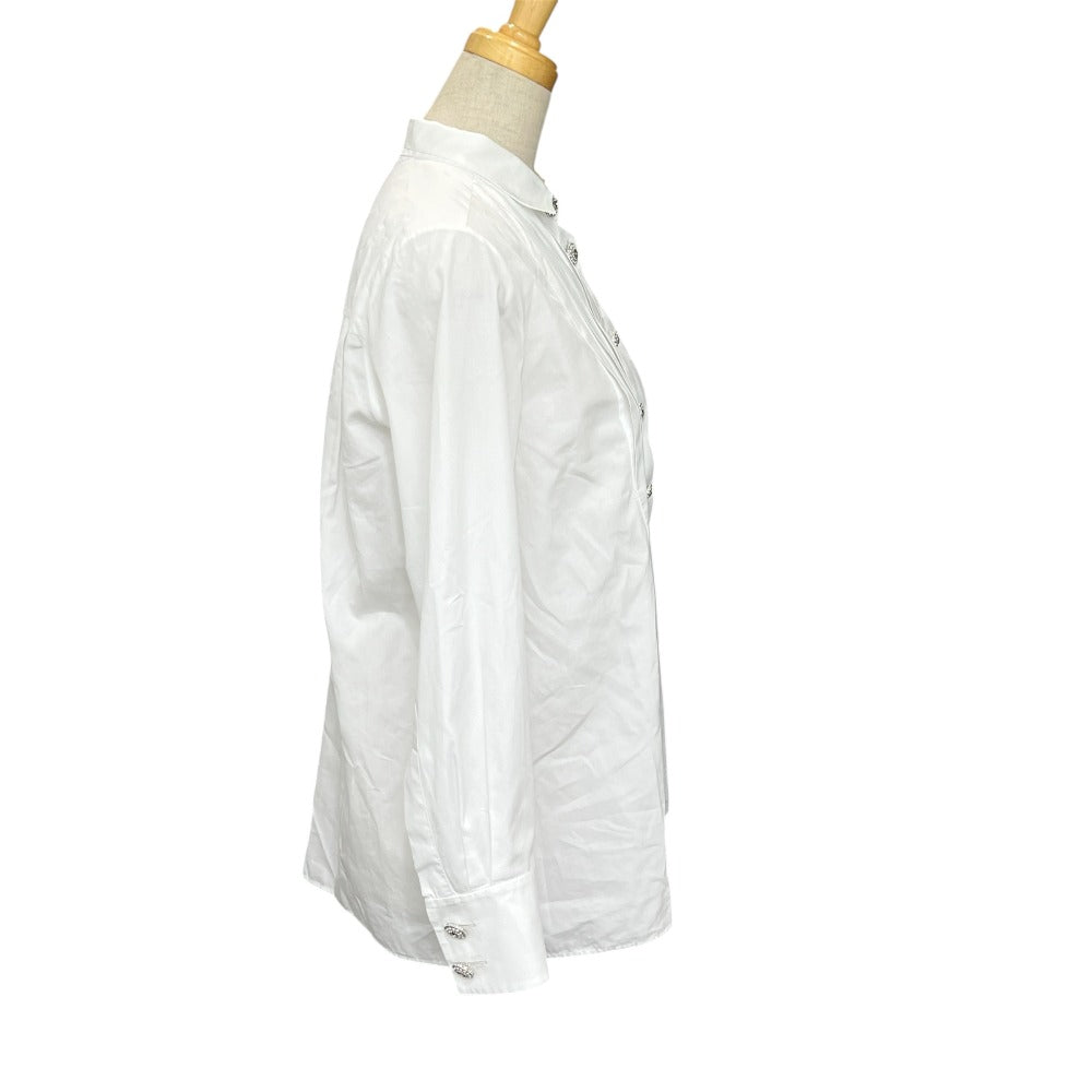 CHANEL P59362 18A Rhinestone Button Ruffle Apparel Blouse, Long Sleeve, Cotton, Women's, White