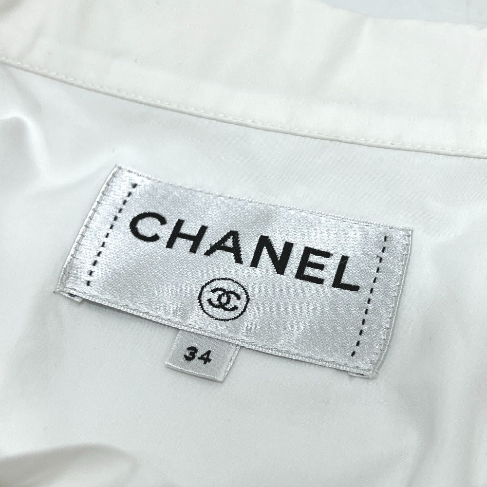 CHANEL P59362 18A Rhinestone Button Ruffle Apparel Blouse, Long Sleeve, Cotton, Women's, White
