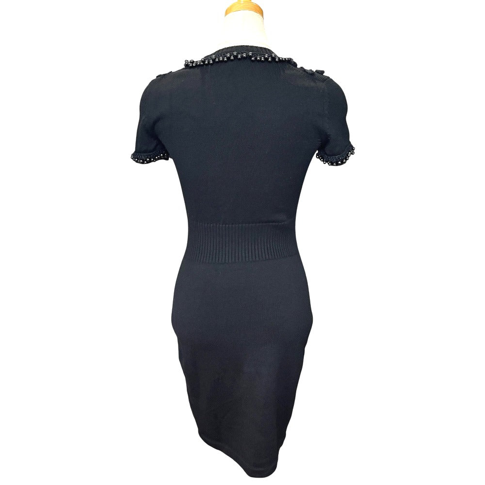 CHANEL P36973 Jeweled Short Sleeve Knit Dress, Crew Neck, Knee-Length, Wool, Black