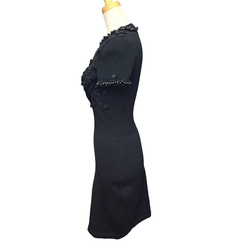 CHANEL P36973 Jeweled Short Sleeve Knit Dress, Crew Neck, Knee-Length, Wool, Black