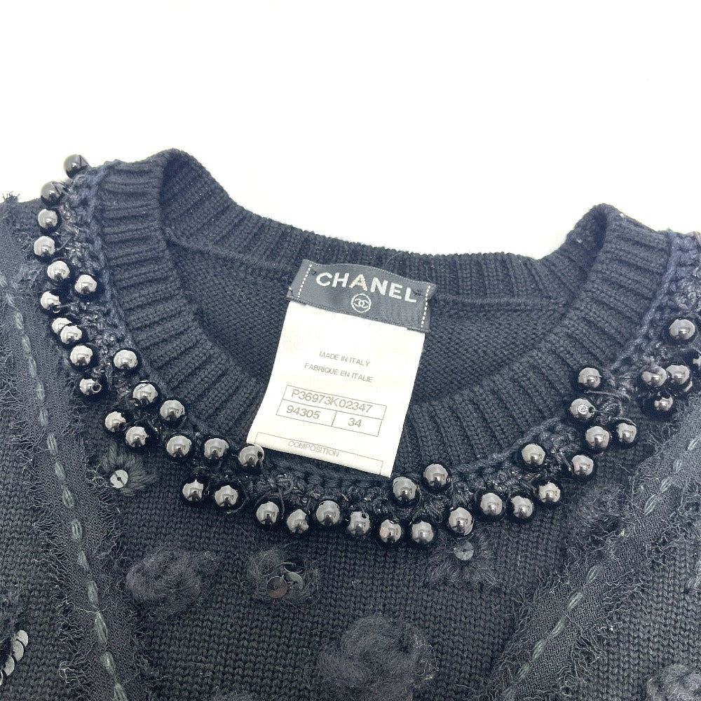 CHANEL P36973 Jeweled Short Sleeve Knit Dress, Crew Neck, Knee-Length, Wool, Black