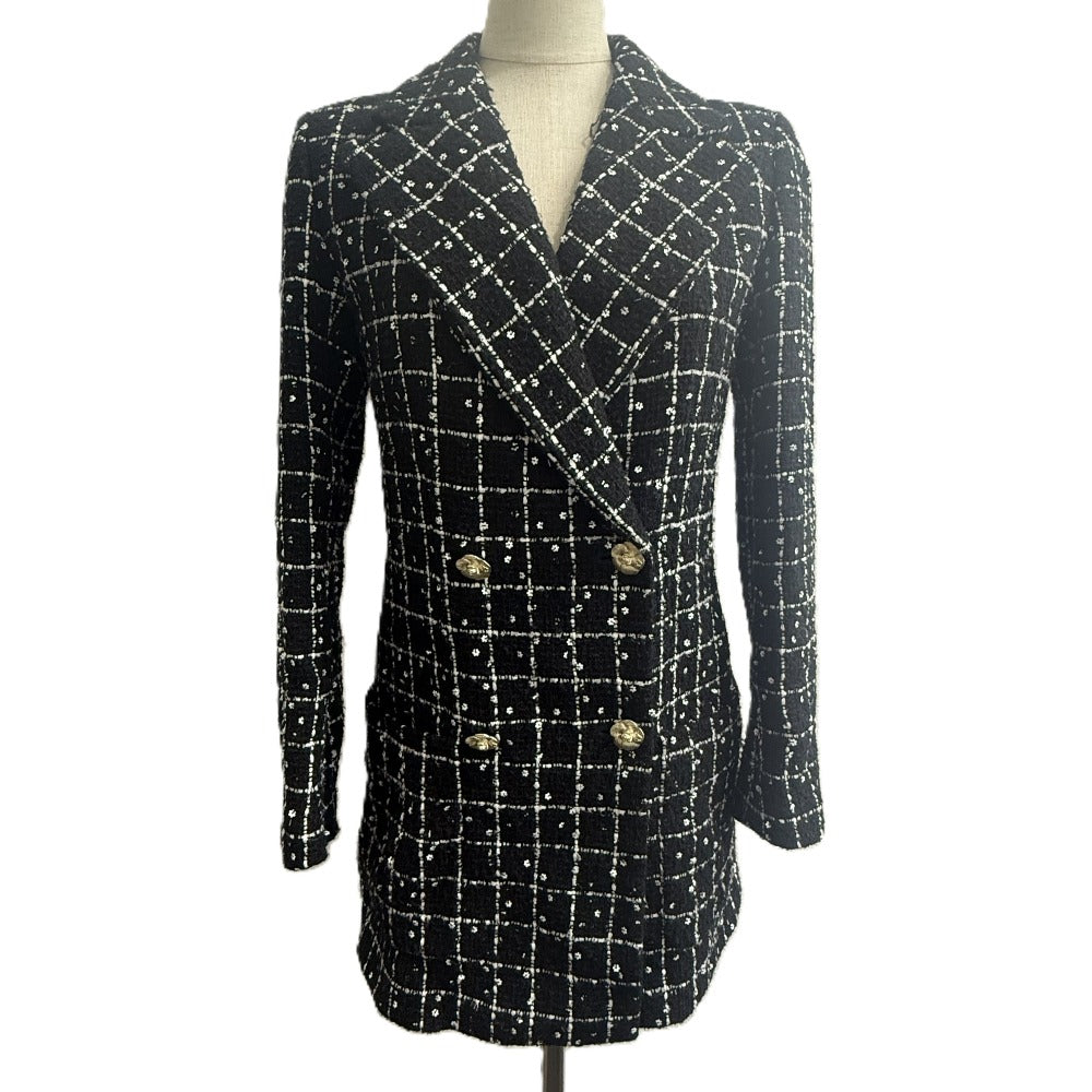 CHANEL P75797 23-24AW Camellia Button Apparel Outerwear Long Tweed Jacket Tweed Women's Black