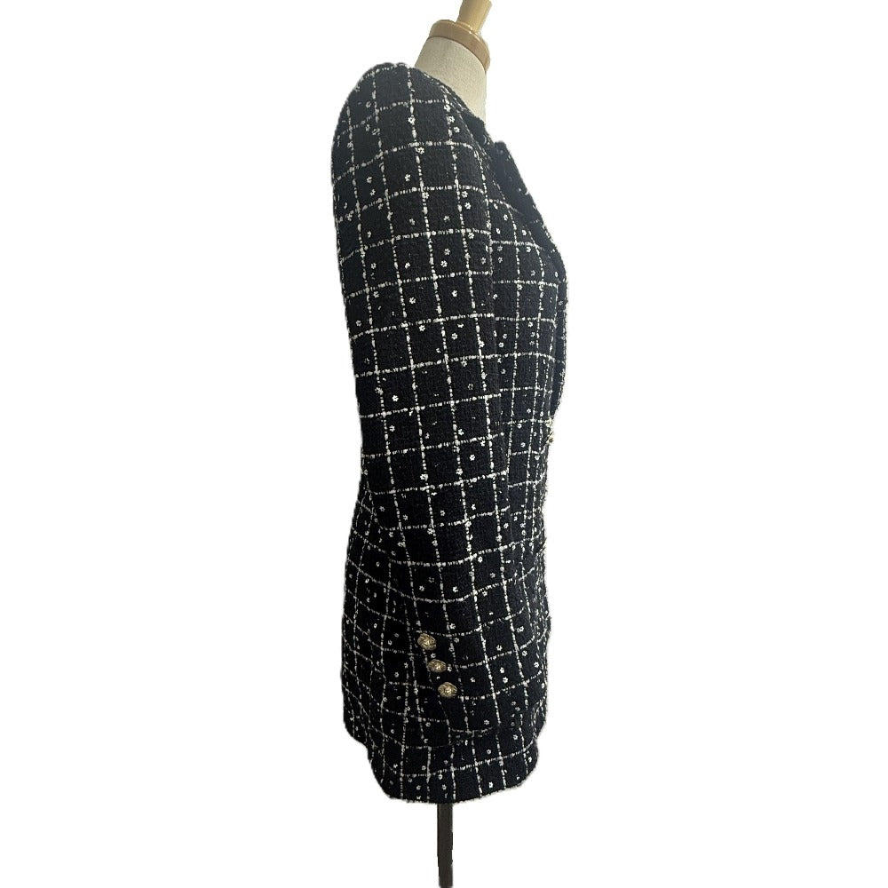 CHANEL P75797 23-24AW Camellia Button Apparel Outerwear Long Tweed Jacket Tweed Women's Black