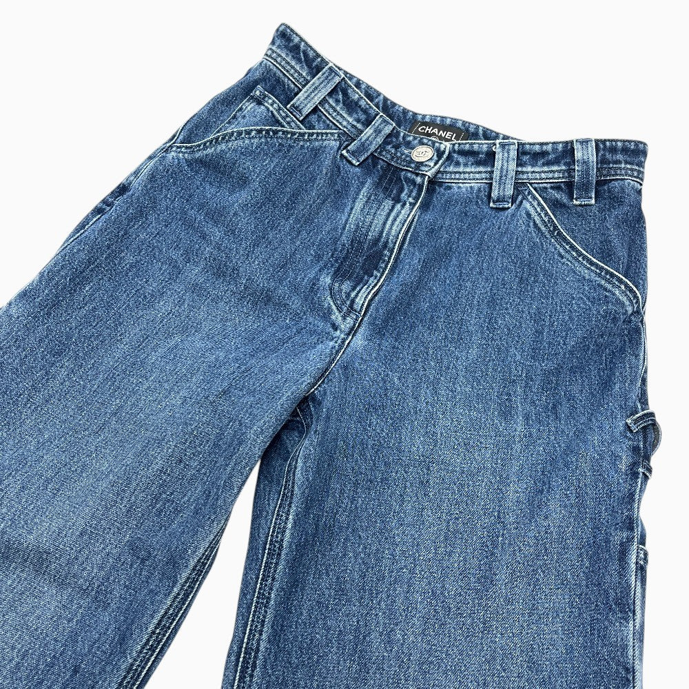 CHANEL P81258 26C Washed denim jeans Apparel Side CC Mark Straight Bottoms cargo pants Denim blue Used