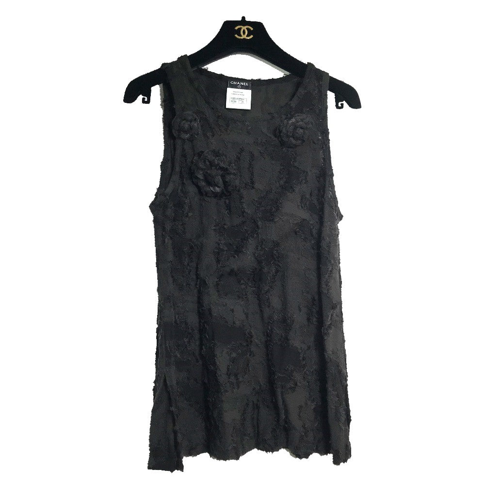 CHANEL Camellia Motif Sleeveless Top Dress, 15C Cotton Camisole, Black, Women's
