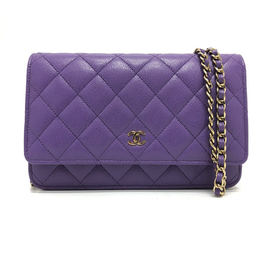 CHANEL A33814 長財布 CCココマーク マトラッセ チェーンウォレット 斜め掛け カバン ショルダーバッグ キャビアスキン レディース パープル