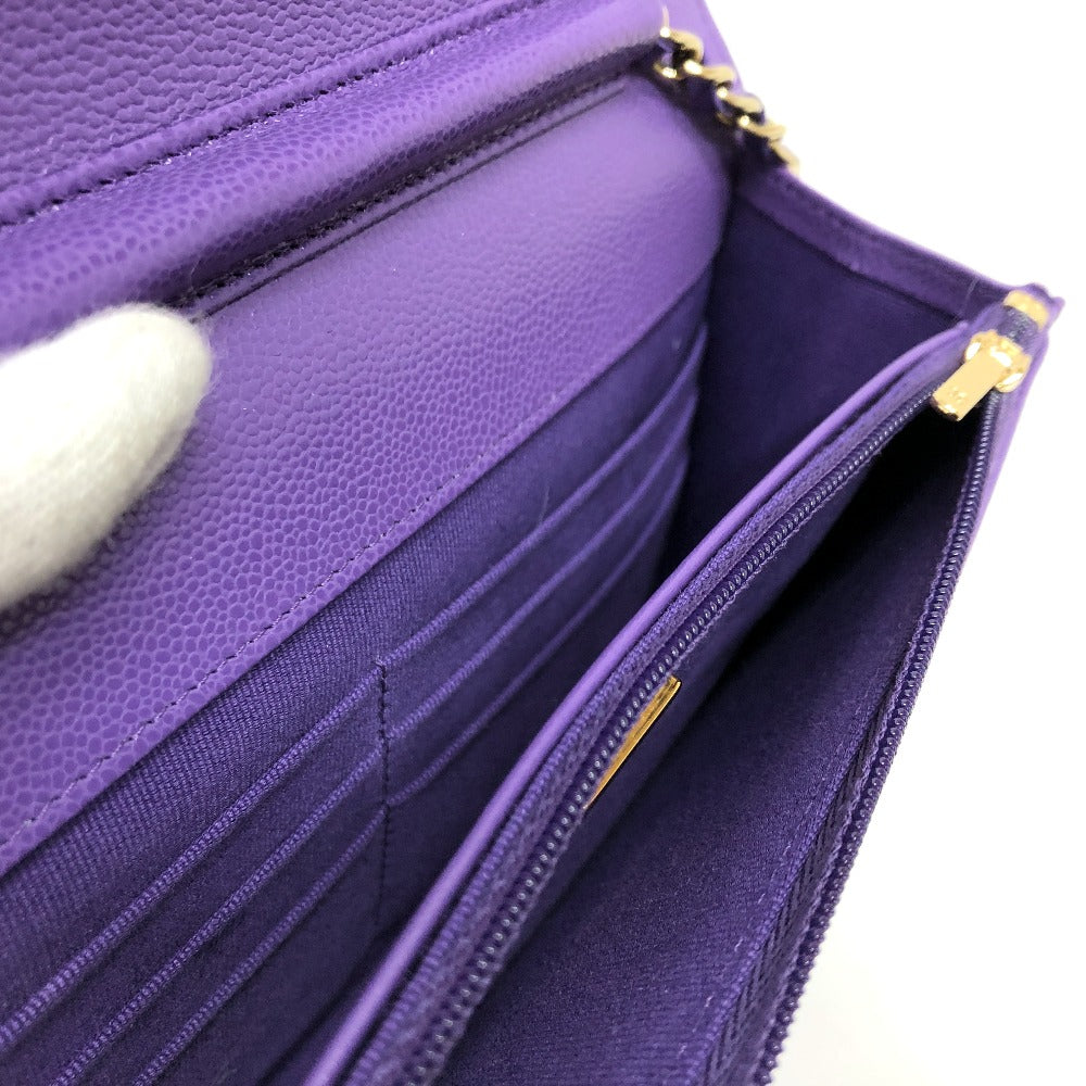 CHANEL A33814 長財布 CCココマーク マトラッセ チェーンウォレット 斜め掛け カバン ショルダーバッグ キャビアスキン レディース パープル