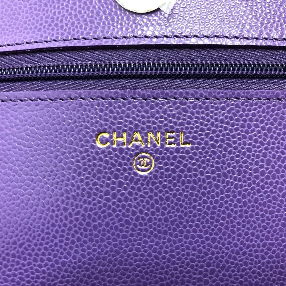 CHANEL A33814 長財布 CCココマーク マトラッセ チェーンウォレット 斜め掛け カバン ショルダーバッグ キャビアスキン レディース パープル
