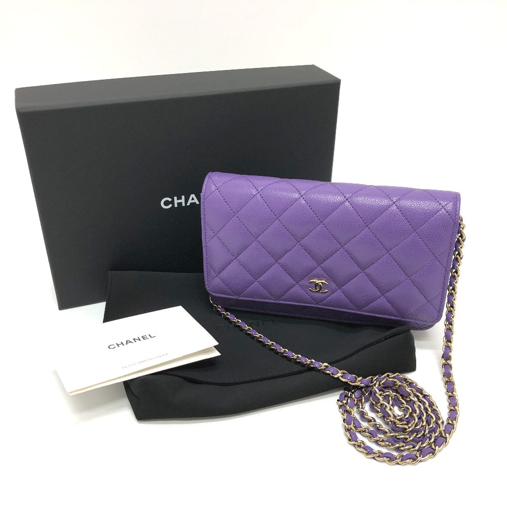 CHANEL A33814 長財布 CCココマーク マトラッセ チェーンウォレット 斜め掛け カバン ショルダーバッグ キャビアスキン レディース パープル